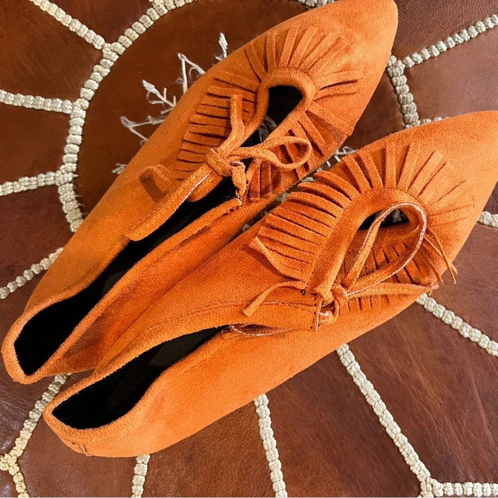 Fringed Faux Suede Orange Tie Front Flats Pointed Shoes - Picture 7 of 7